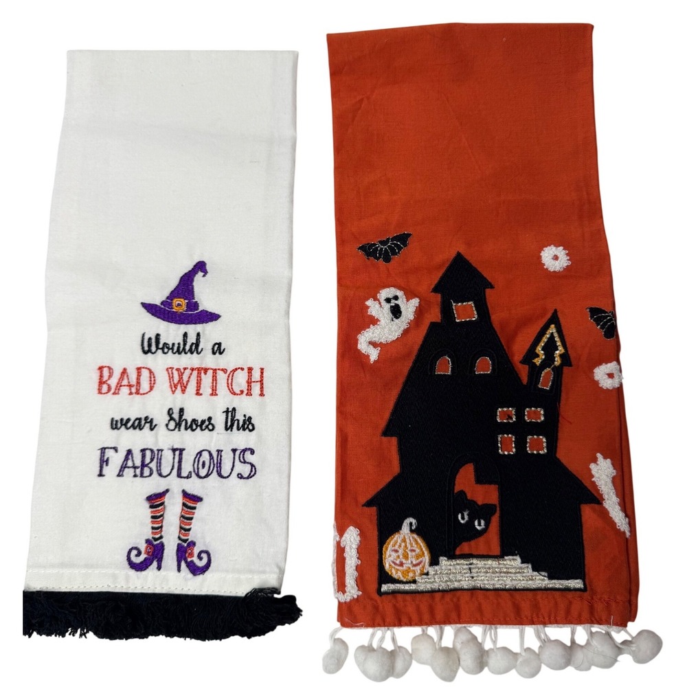 Pier 1 Imports Halloween Kitchen Towels Set Haunted House Bad Witch 2pc